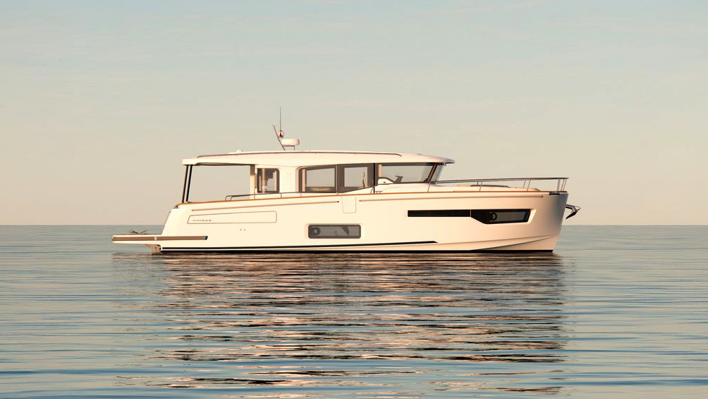 Render en 3D de la nueva Nimbus 495 Coupé en el agua con una vista lateral.