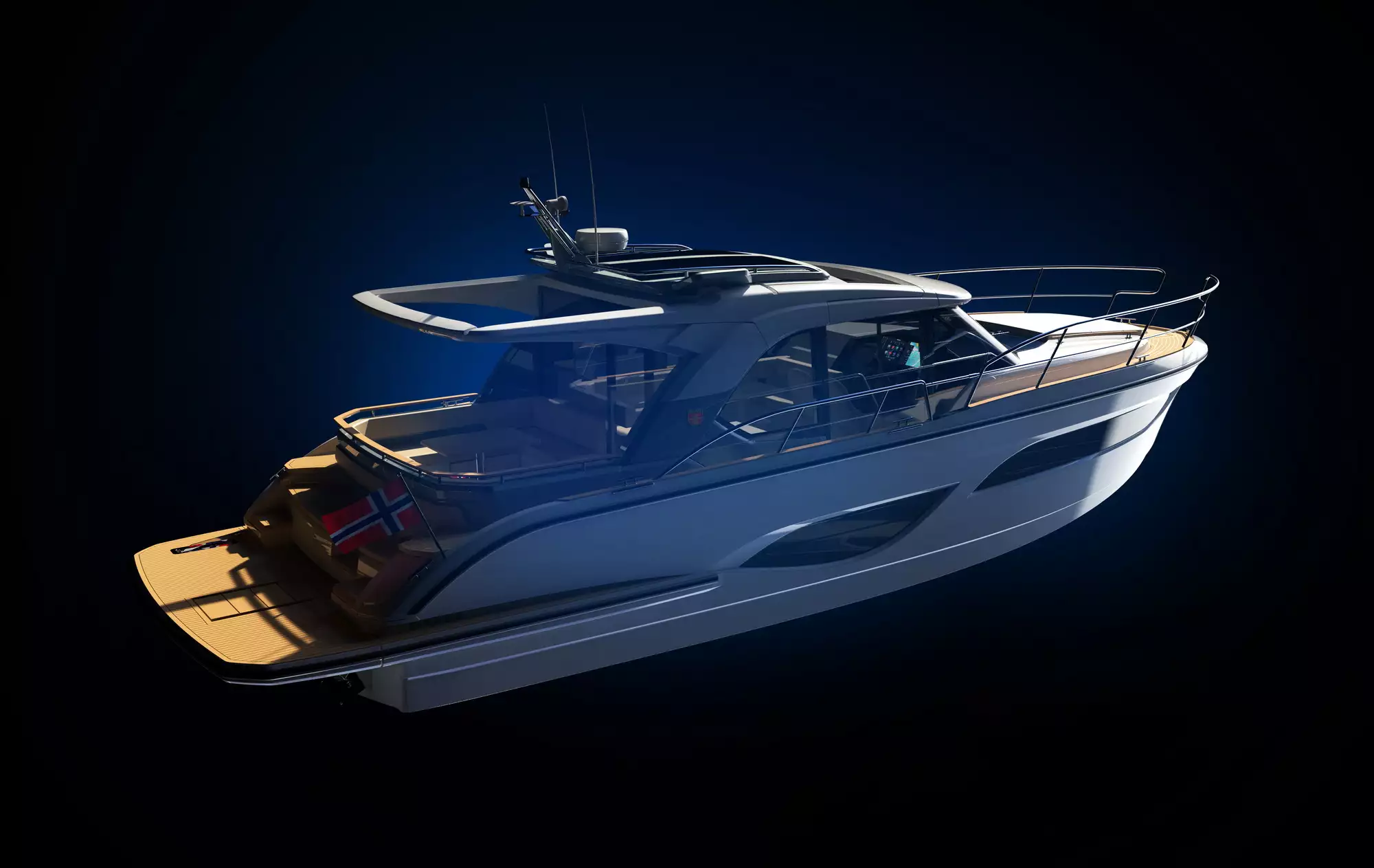 Marex 440 Scandinavia viewed from the stern, with enclosed cabin, foredeck and swim platform visible