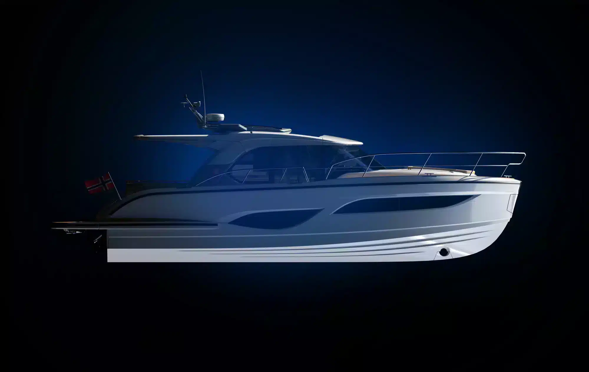 Marex 440 Scandinavia in profile, exterior starboard-side view against a dark background