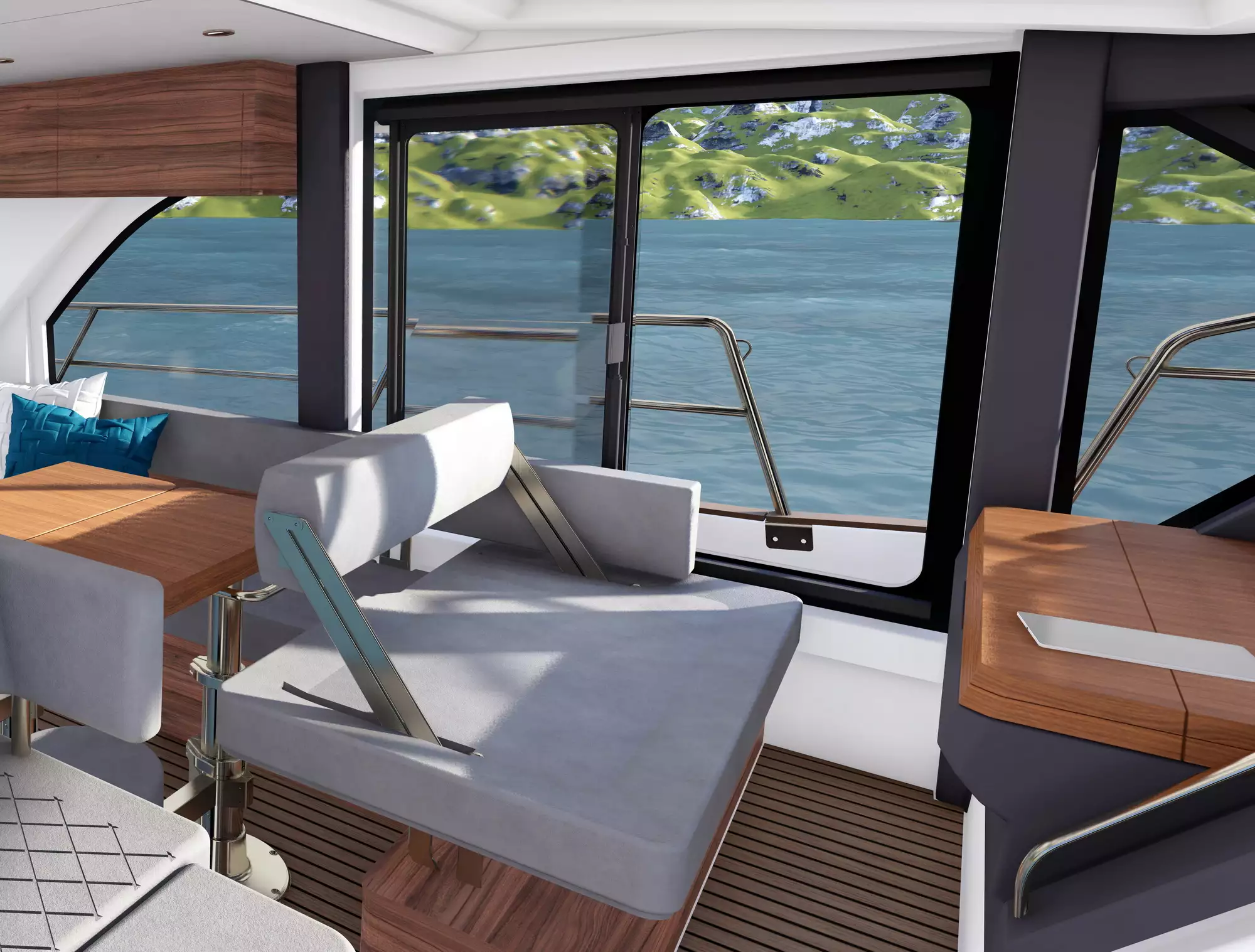 Interior of the Marex 440 Scandinavia with a folding seat, table, lounge and windows overlooking the water.