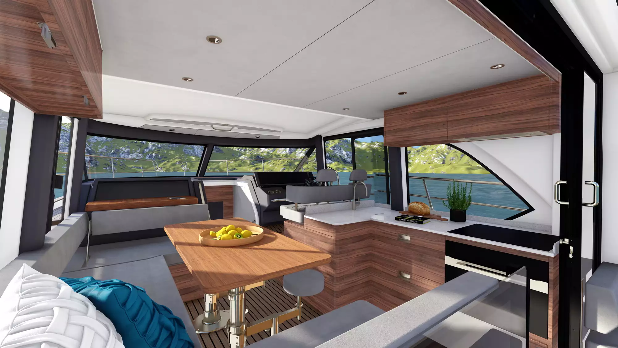 Interior of the Marex 440 Scandinavia viewed from the stern, with a saloon, table, galley, and panoramic windows.