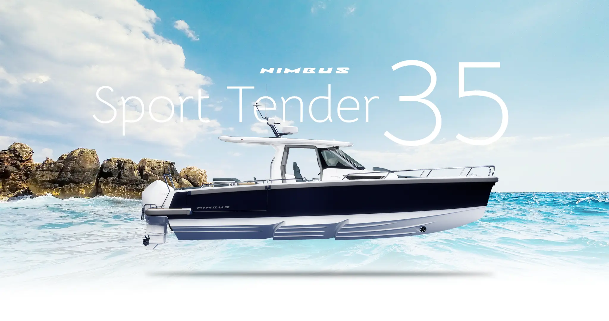 Nimbus Sport Tender 35 visto de perfil sobre el agua, con cabina cerrada y costa rocosa al fondo