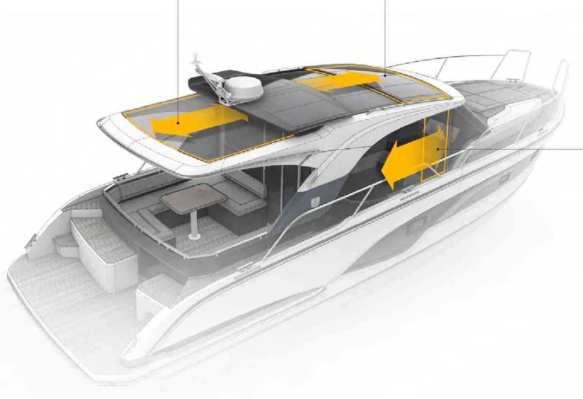 m390-19 Marex 390 en vista aérea, con cubierta exterior, ventanas laterales y zonas interiores señaladas en amarillo