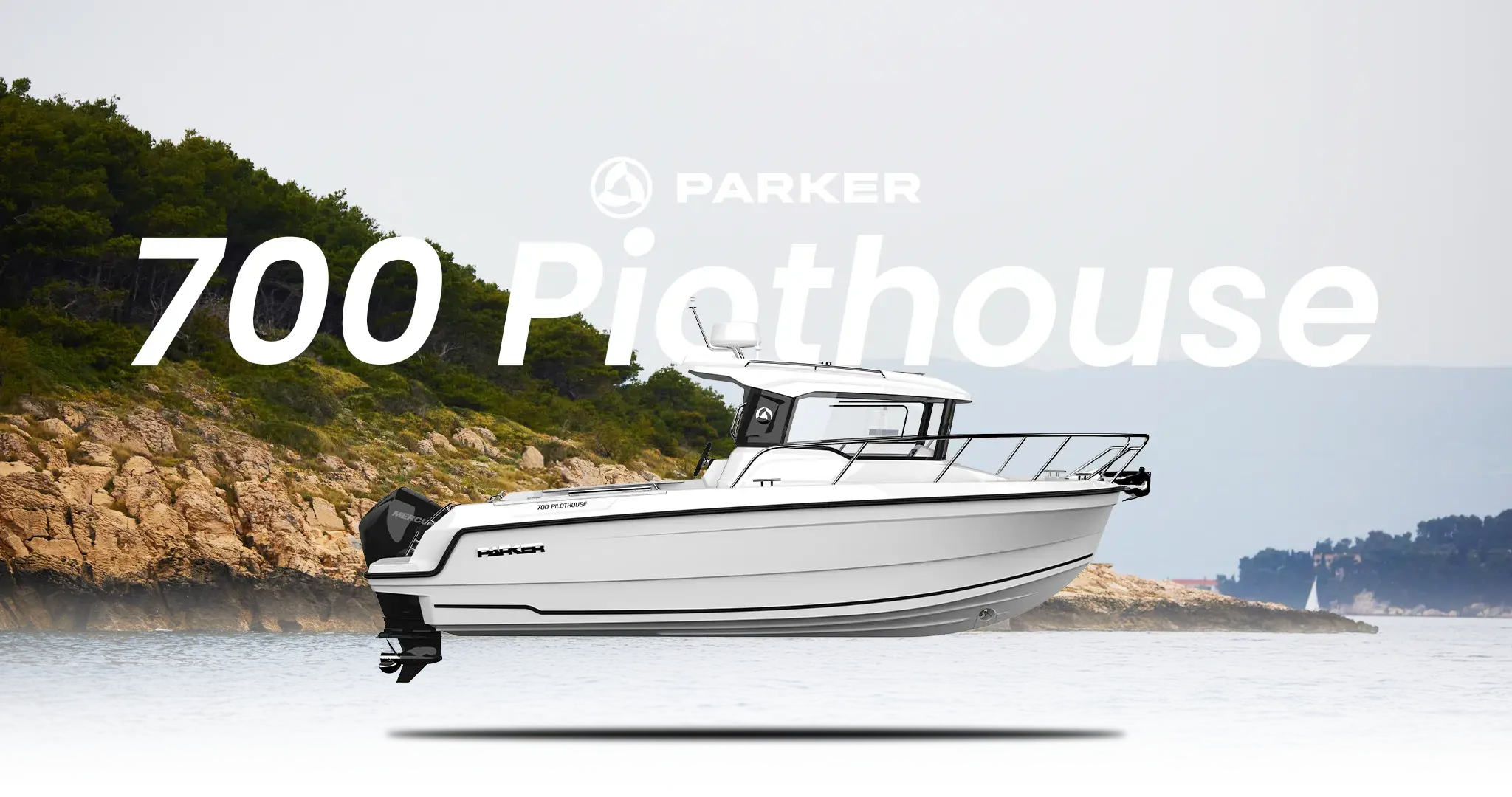 Parker 700 Pilothouse, vista lateral exterior sobre el agua frente a una costa rocosa, con texto superpuesto.