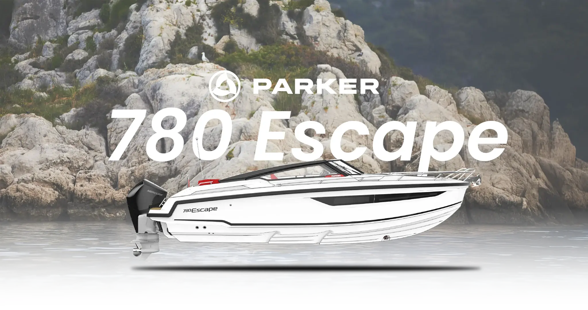 Parker 780 Escape de perfil sobre el agua, con logotipo Parker y texto 780 Escape sobre fondo rocoso