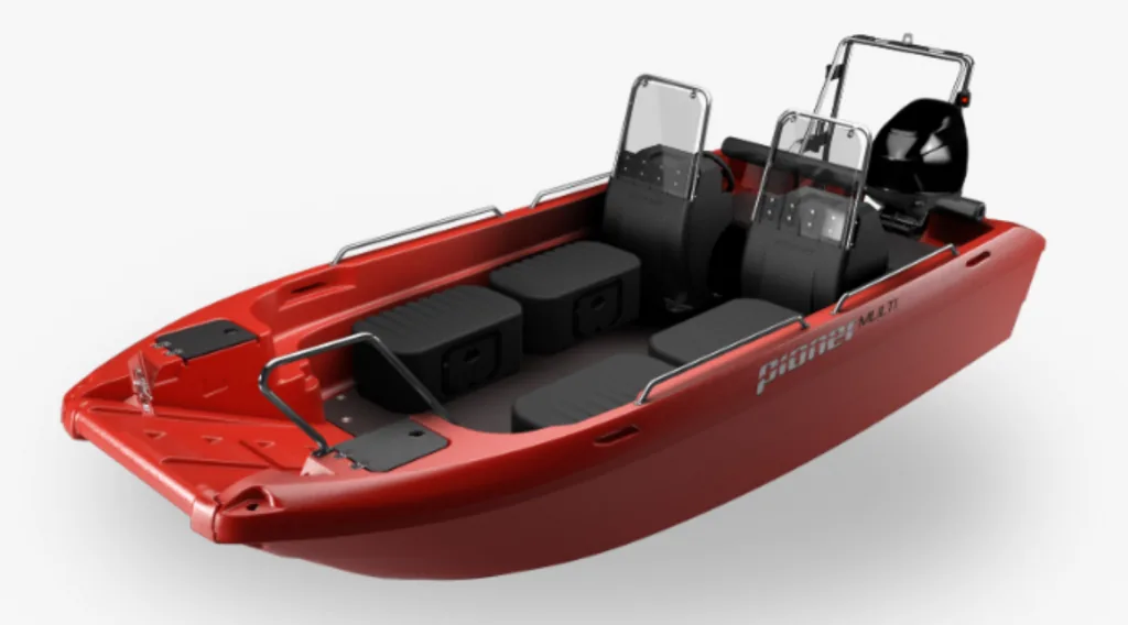 Red Pioner Multi 3 boat viewed from above, with two consoles, seats and interior compartments.