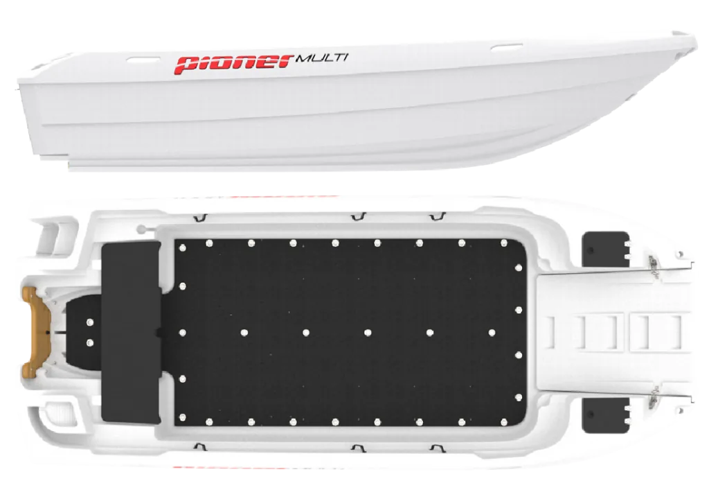 Multi plano2 Pioner Multi III, exterior side view and top view of the interior with bench and black floor.