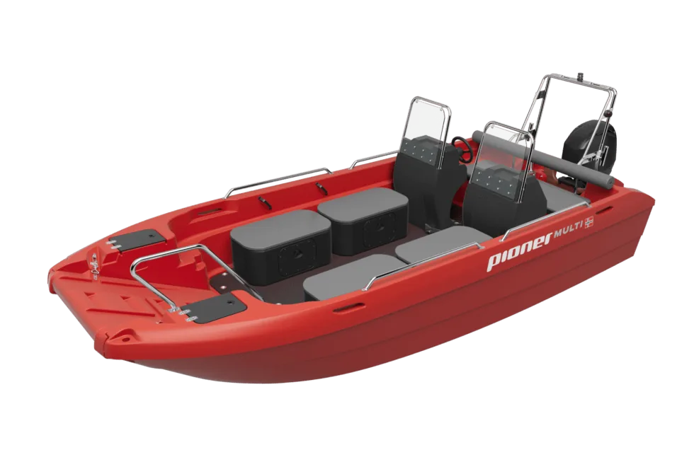 Red PIONER MULTI III, angled exterior view, with center console, seats, windshield, and bow platform.