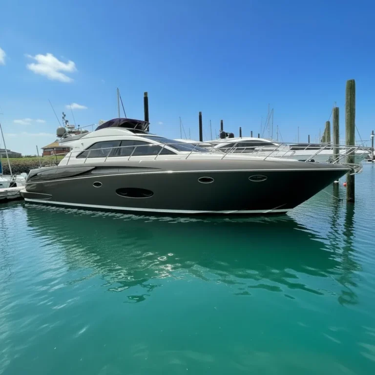 Riva Sportriva 56 atracado en un puerto, vista lateral exterior de proa y costado sobre el agua