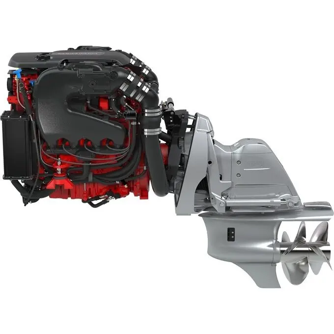 V8 430 engine of the Windy 32 Grand Zonda, side view, with red engine block, transmission and twin propellers.