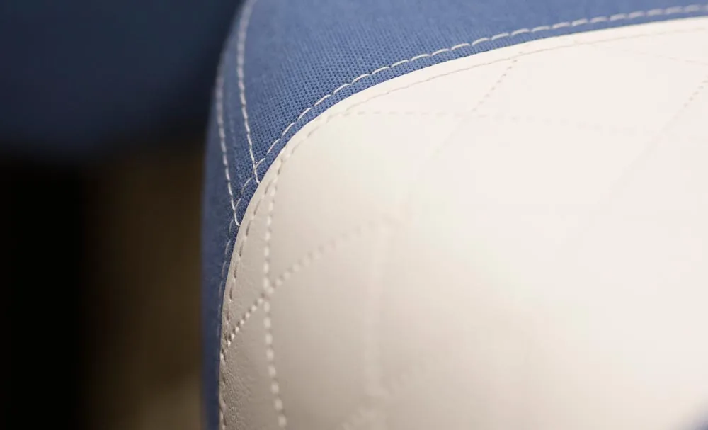 Detail of the blue and white upholstery inside the Windy 32 Grand Zonda.