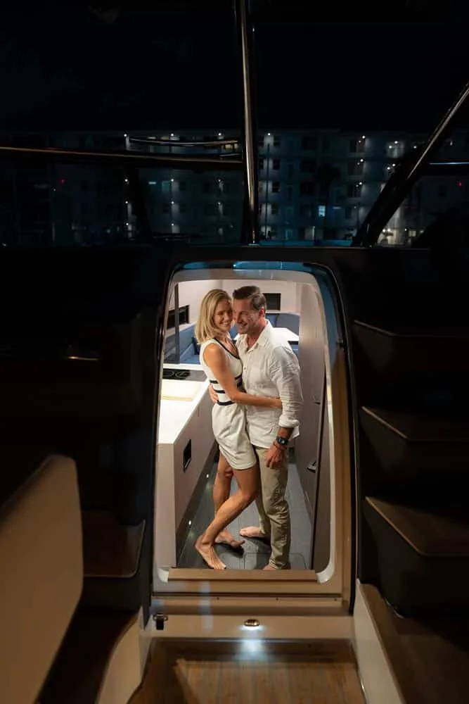 Windy Boat A couple inside the cabin of the Windy 40 Camira RS viewed from the entrance