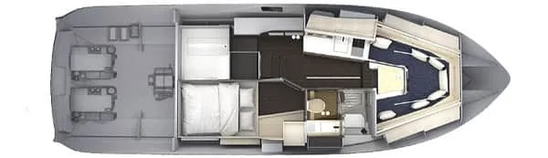 top w40 2cb Windy Camira 40 RS top view, showing interior layout, cabins, salon, galley and bathroom.