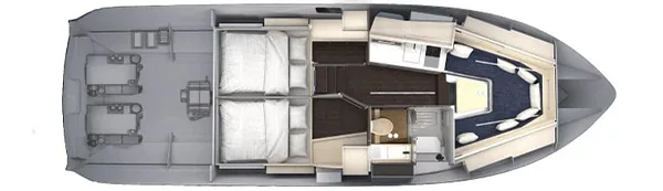 top w40 3cb Windy Camira 40 RS seen from above, featuring the salon, cabins, galley, bathroom and exterior cockpit.