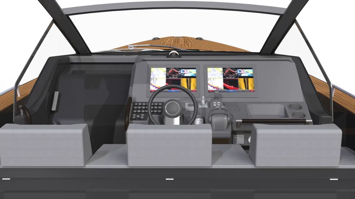 Poste de pilotage extérieur du Windy SR52, vu depuis la poupe, avec volant, écrans, commandes et sièges.