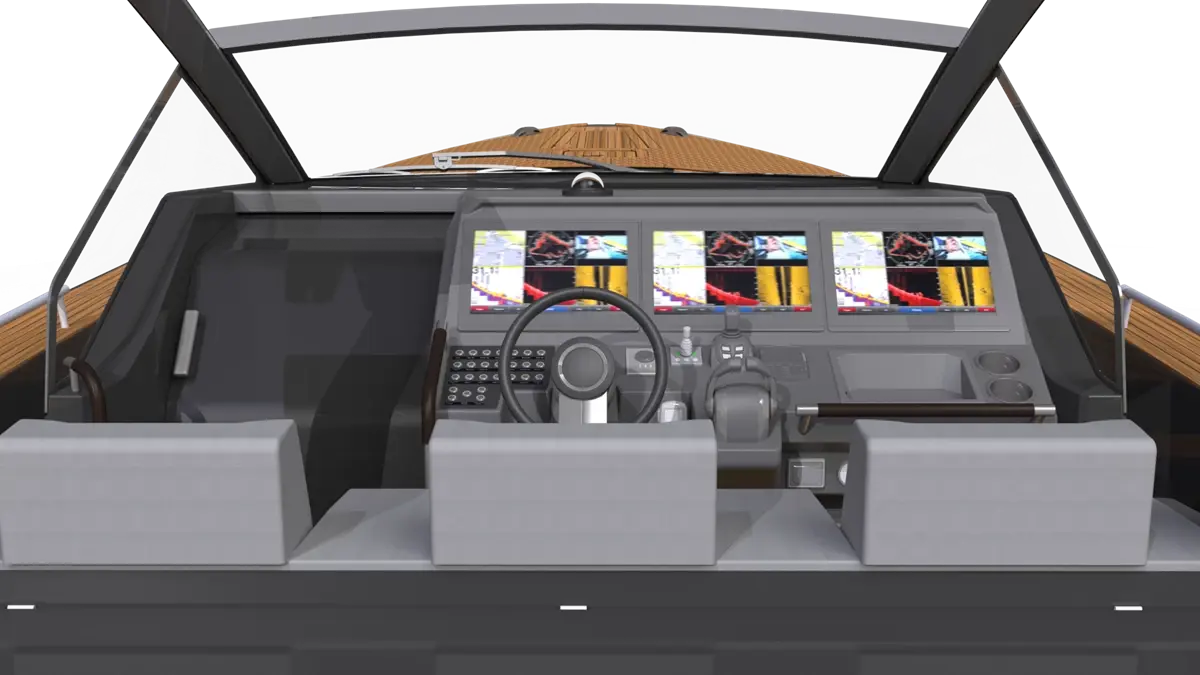 windy-sr52-31 Windy SR52, interior helm station viewed from the front, with steering wheel, multifunction displays, controls and seats.