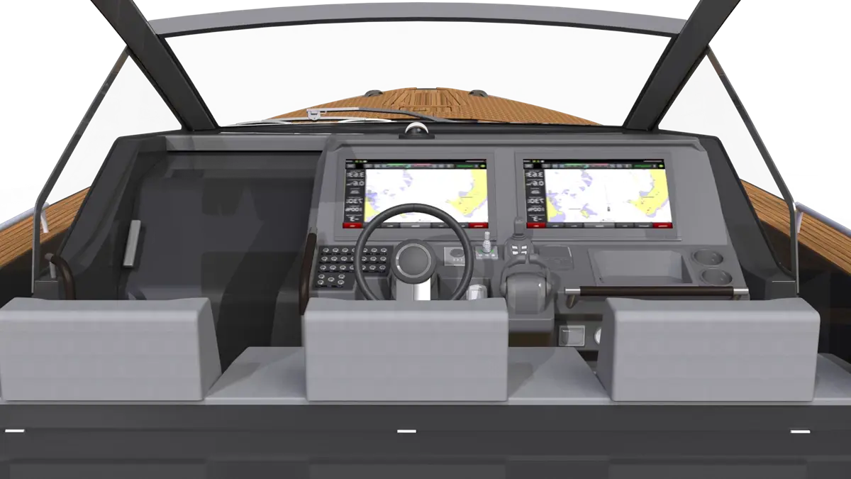 windy-sr52-32 Windy SR52-32: interior helm station viewed from the front, with steering wheel, controls and two marine displays.