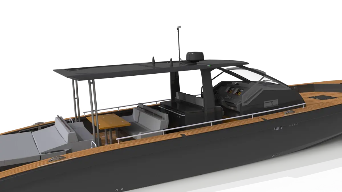windy-sr52-41 Windy SR52 Roof, exterior side view with deck, hardtop, helm console and cockpit seats.